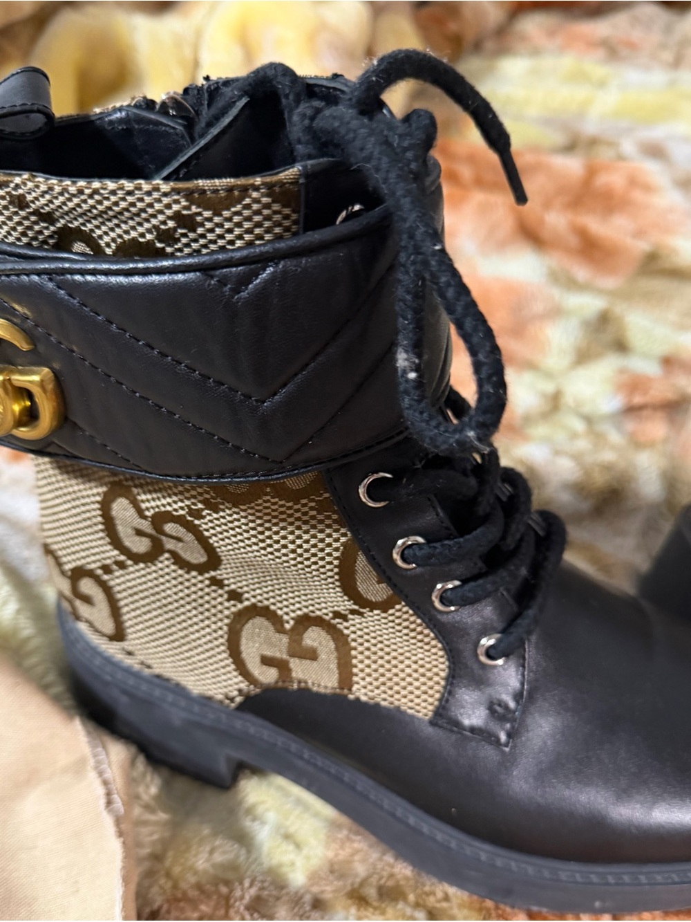 Gucci Black Leather & Tan GG Canvas Lace-Up Ankle Boots - Picture 5 of 9